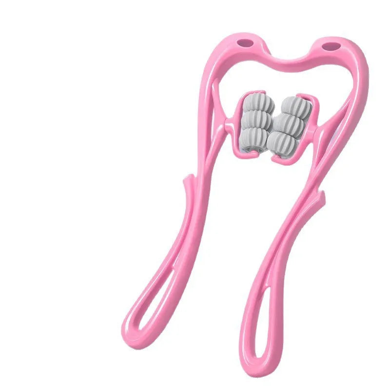 Pink dental floss holder with gray floss on a white background
