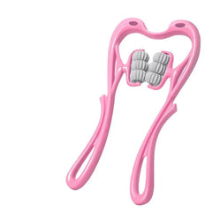 Pink dental floss holder with gray floss on a white background