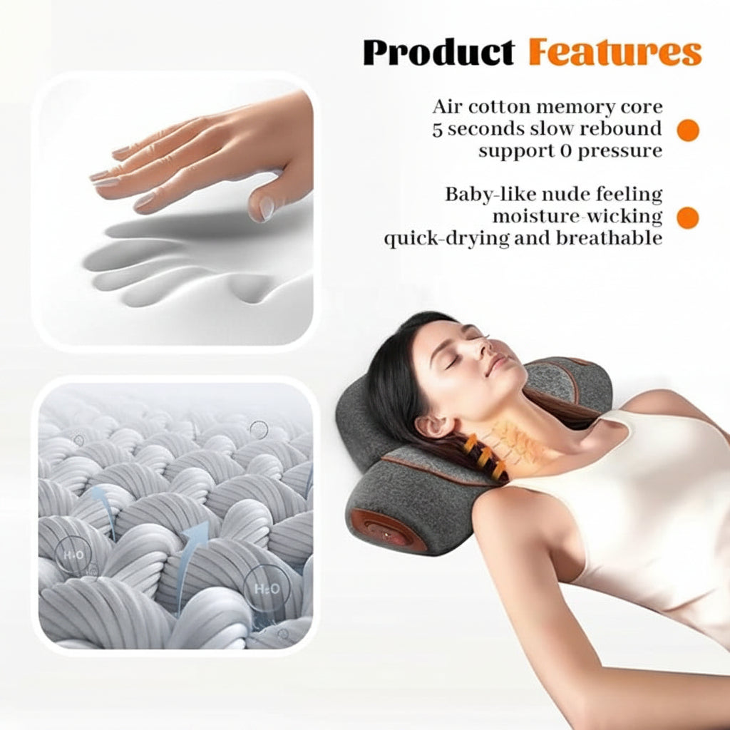 Product features of a neck massager with text on air cotton memory core and comfort benefits.