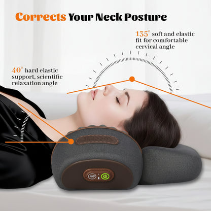 Woman using a neck pillow with text highlighting its benefits on a white background
