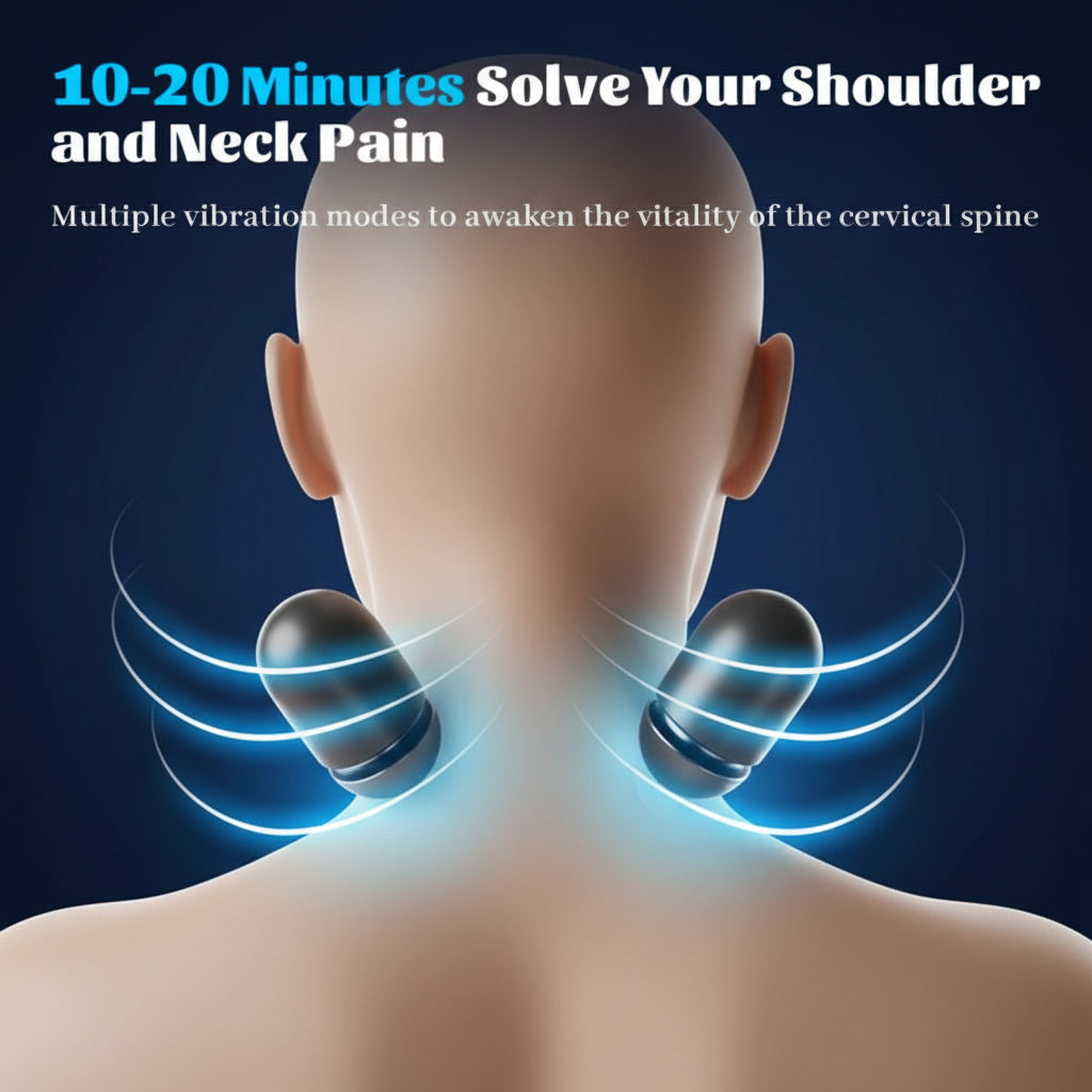 Neck and shoulder massager with vibration modes to relieve pain, shown on a white background.