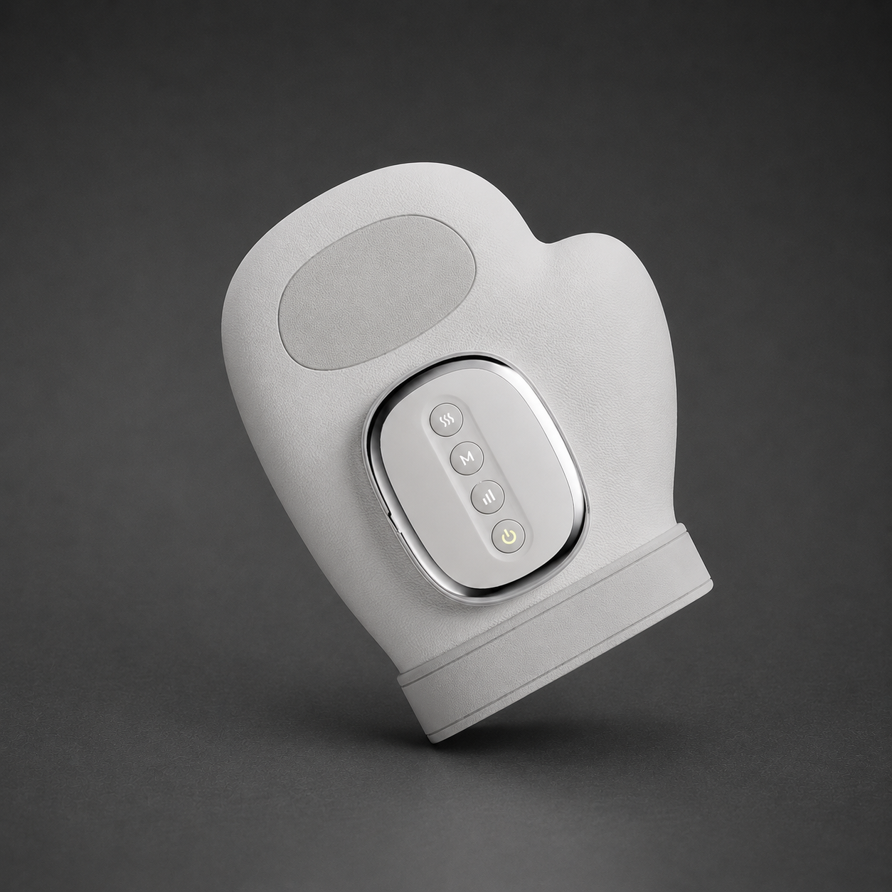 Front view of the ThermaPalm Hand Massager, a portable device providing compression and heat therapy for hand relief.