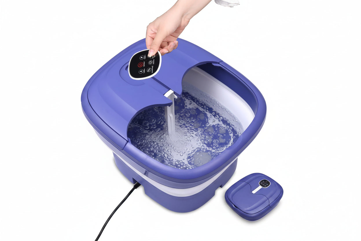 Blue foot bath with water being poured into it on a white background