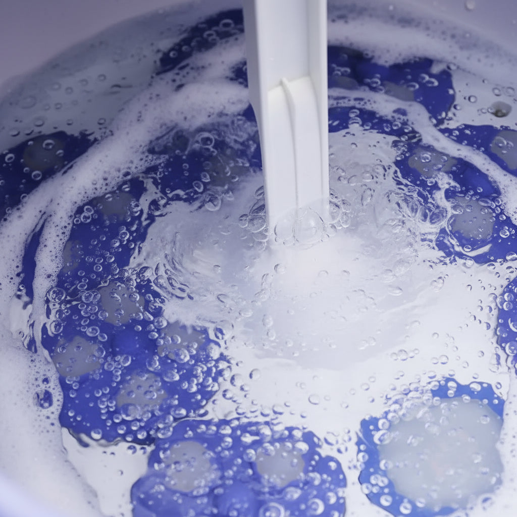 Blue silicone bath bombs with bubbles in a bathtub