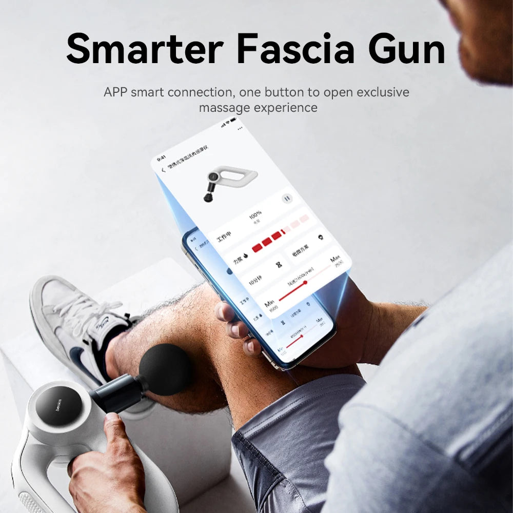 Person using a smart Fascia Gun with an app on a smartphone, set against a neutral background.