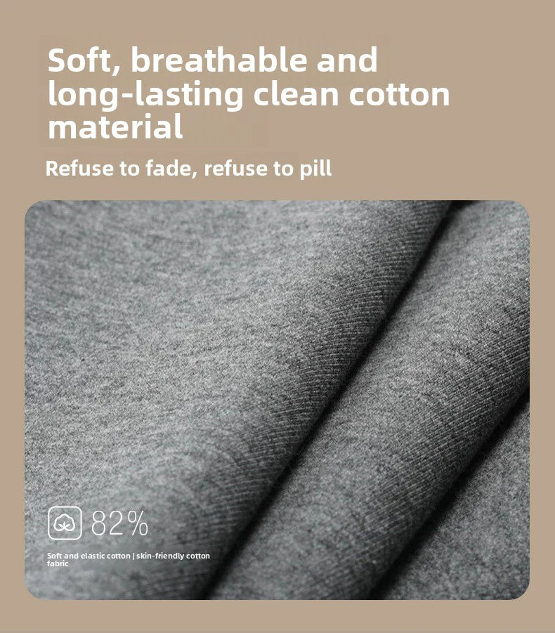 Gray fabric with text about soft, breathable, and long-lasting clean cotton material on a beige background.