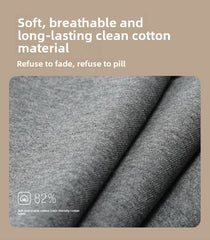 Gray fabric with text about soft, breathable, and long-lasting clean cotton material on a beige background.