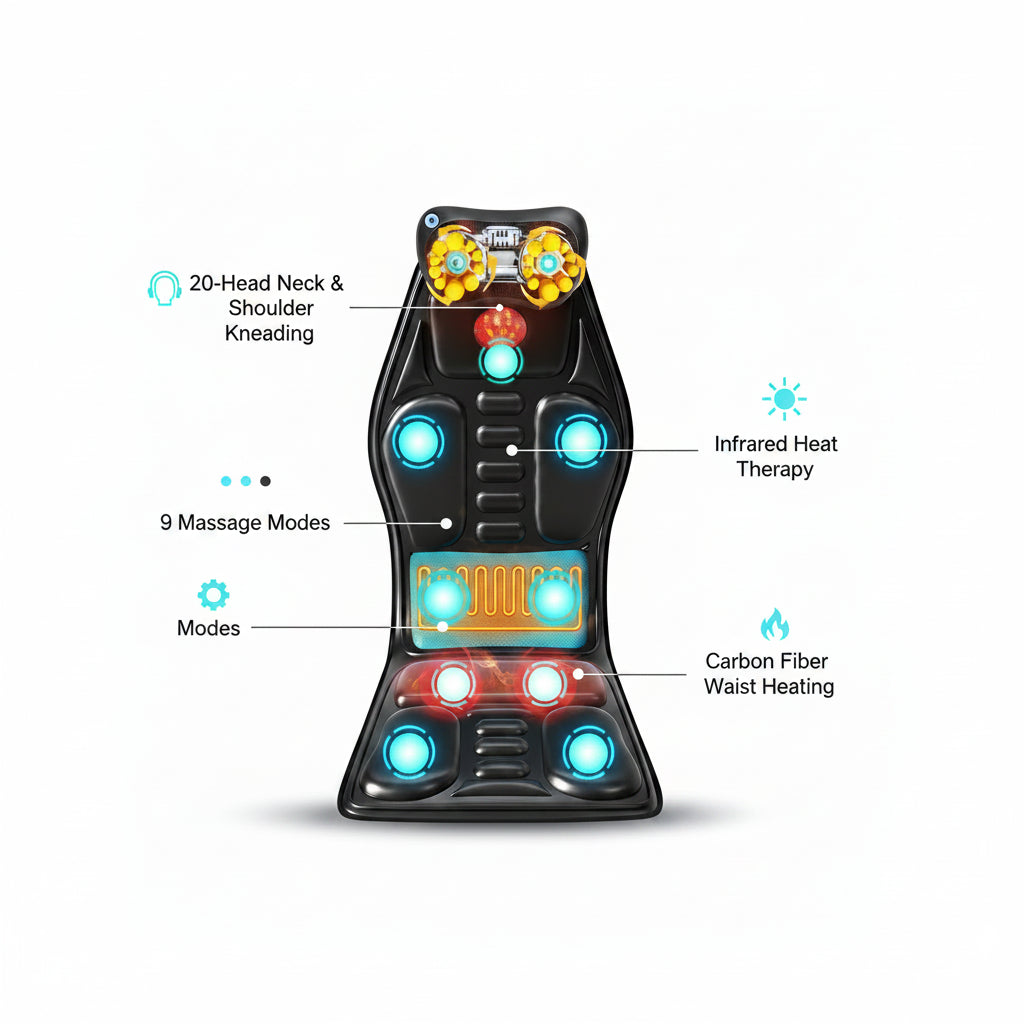 Massage device with features highlighted on a dark background
