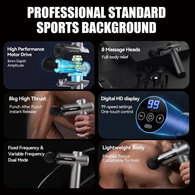 Lenovo Massage Gun — 8 Heads, 99-Speed Wireless Deep Tissue Relief Entige